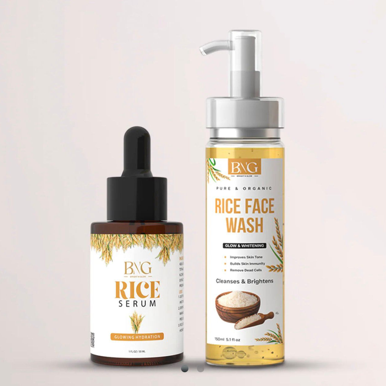 Two skincare products, Rice Serum and Rice Face Wash, by B&G on a light gray background.